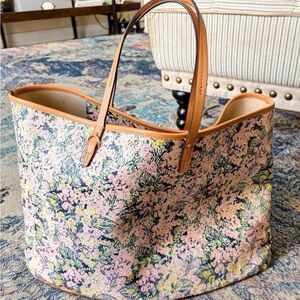 Tory Burch Floral Print Tote with Tan Trim